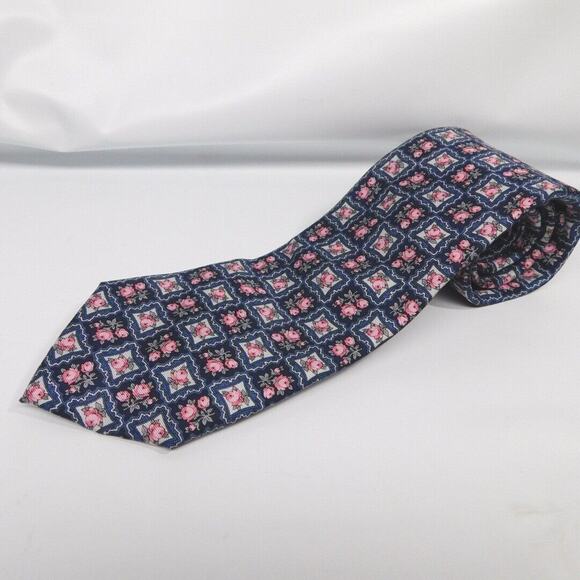 Jos. A. Bank Pink & Blue Woven Framed Floral Flower 100% Silk Tie 3.125 x 60" - Picture 1 of 5